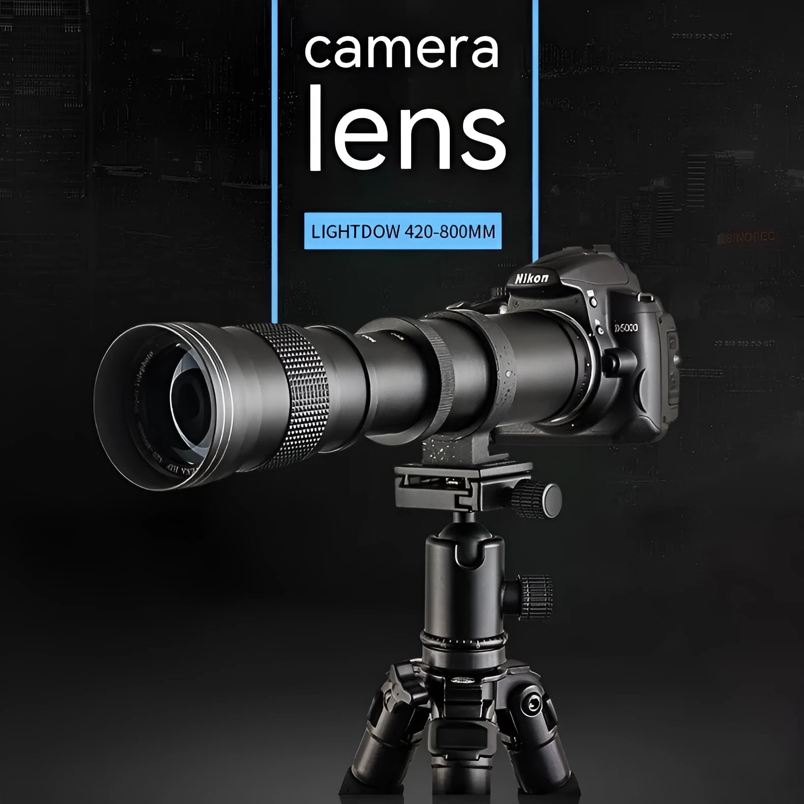 420-800mm manual telephoto zoom camera lens with T-port adapter ring on a table