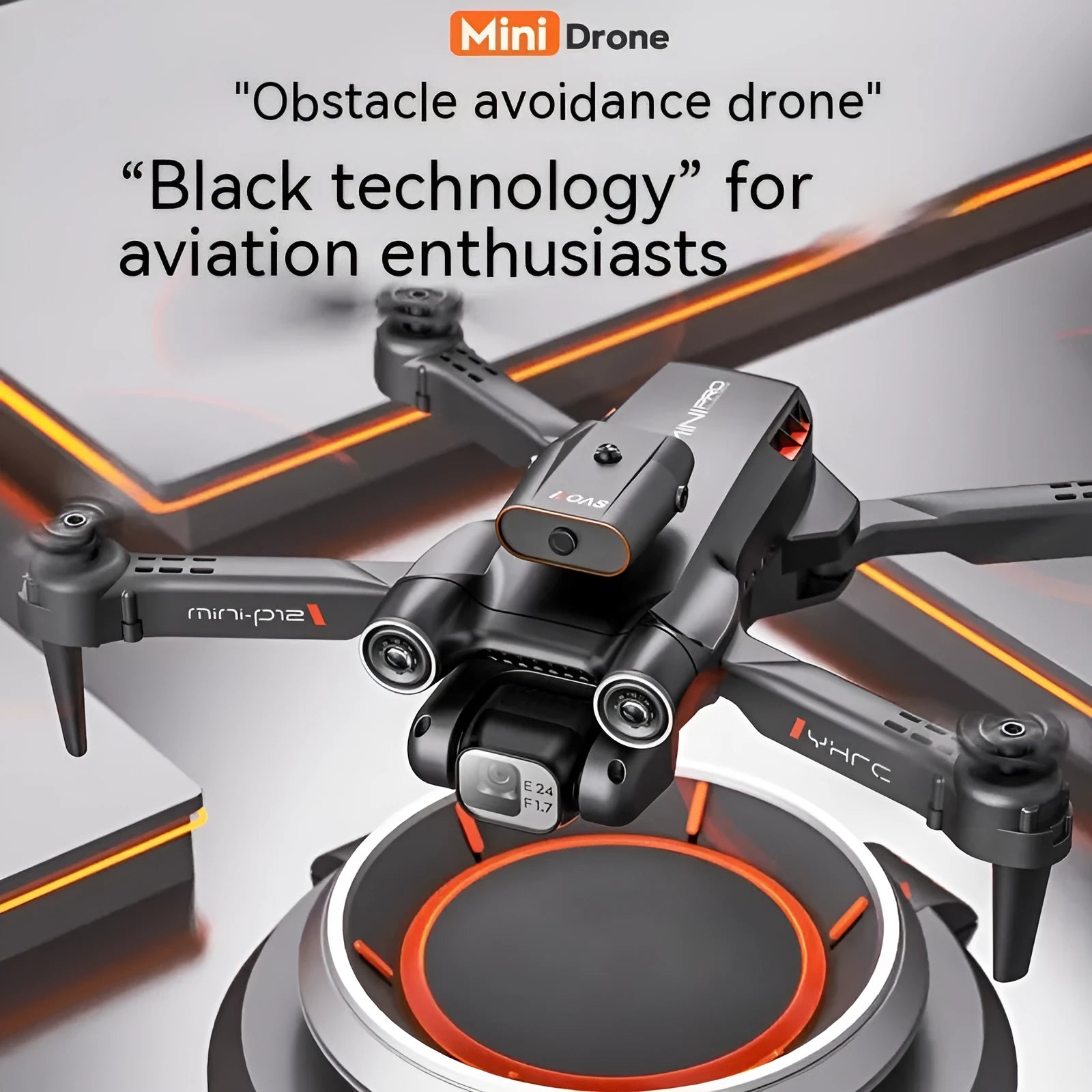 Black and orange remote control quadcopter drone with four rotors, shown folded and unfolded.