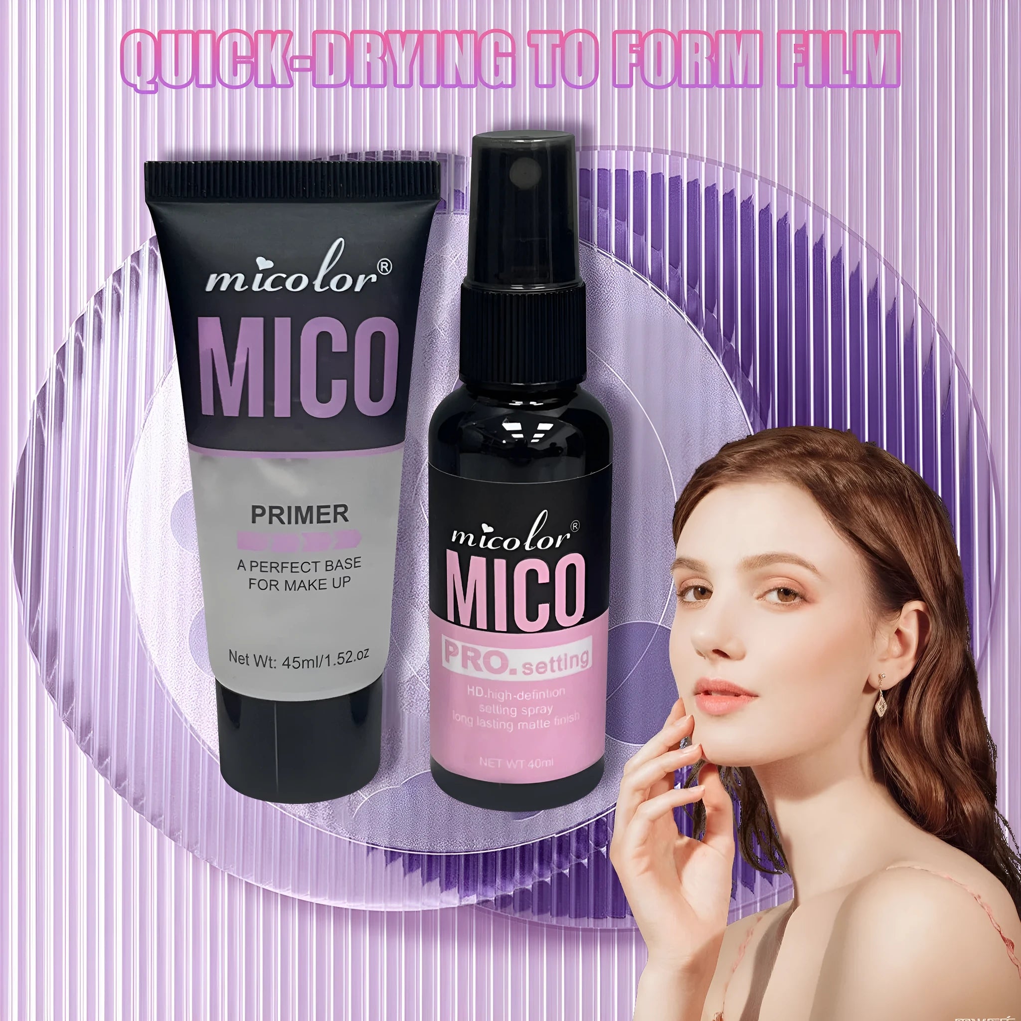 Monochrome packaged set of a 45ml make-up primer and a 40ml finishing spray.