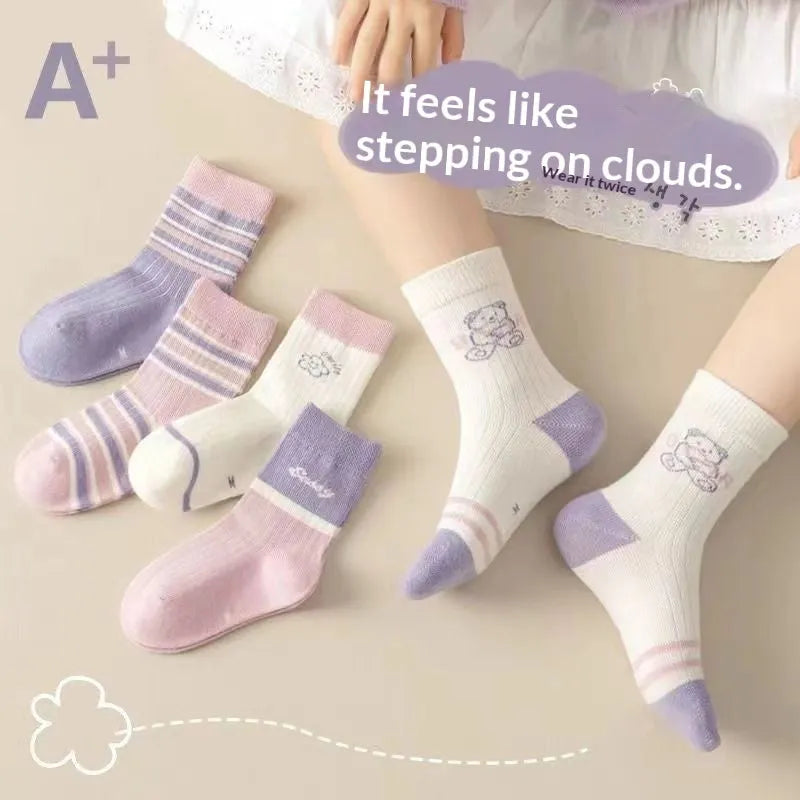 Children's cotton mid-calf socks 5-pair pack, lace detail, with Baby Bear design for girls ages 1-12