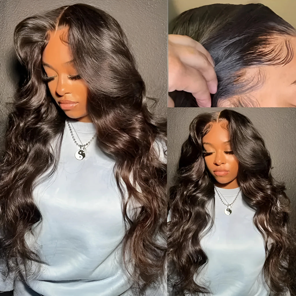 Dark brown long curly front lace wig with side bangs displayed at various lengths