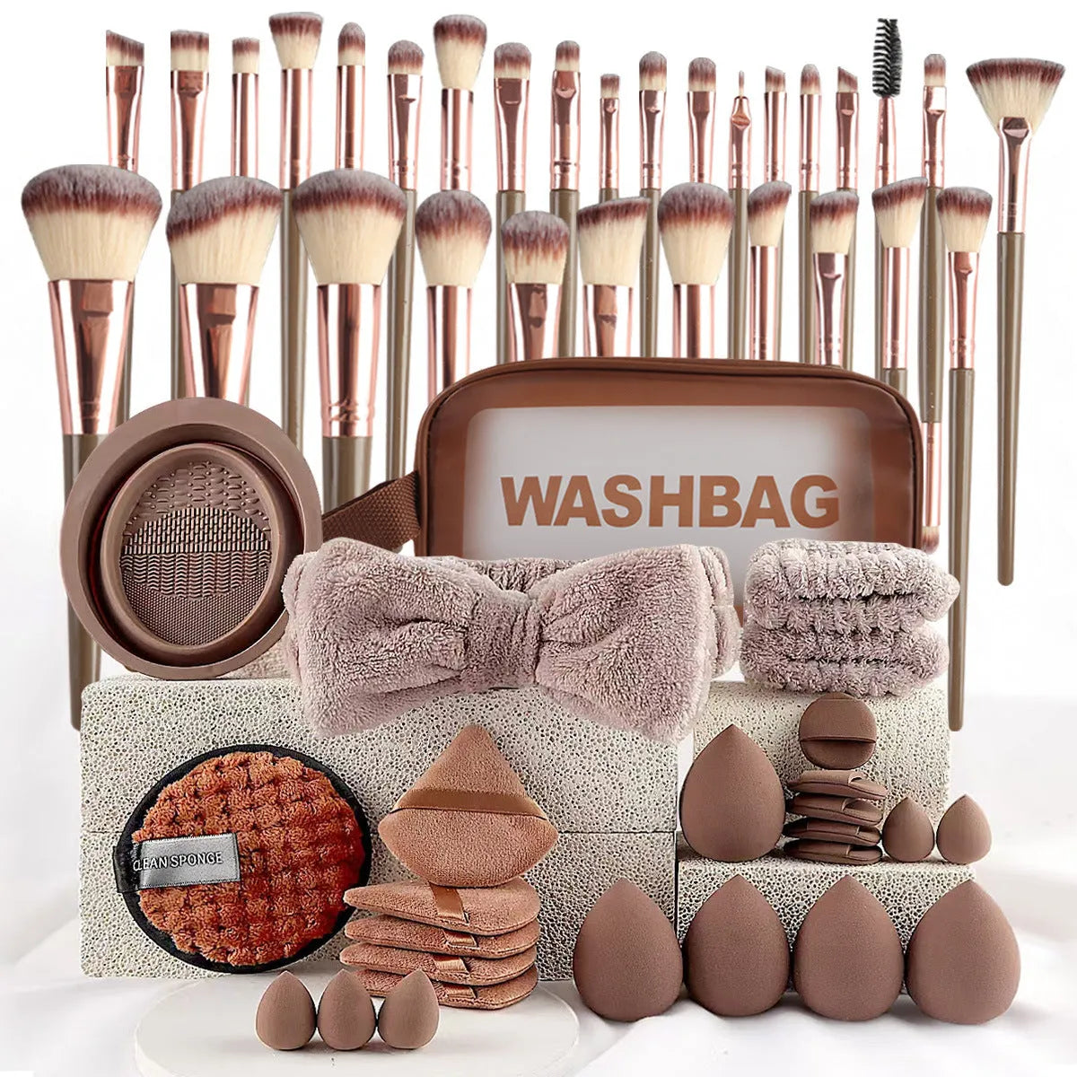 Beauty tool set with multiple pieces in brown, pink and purple colours for face wash and makeup application