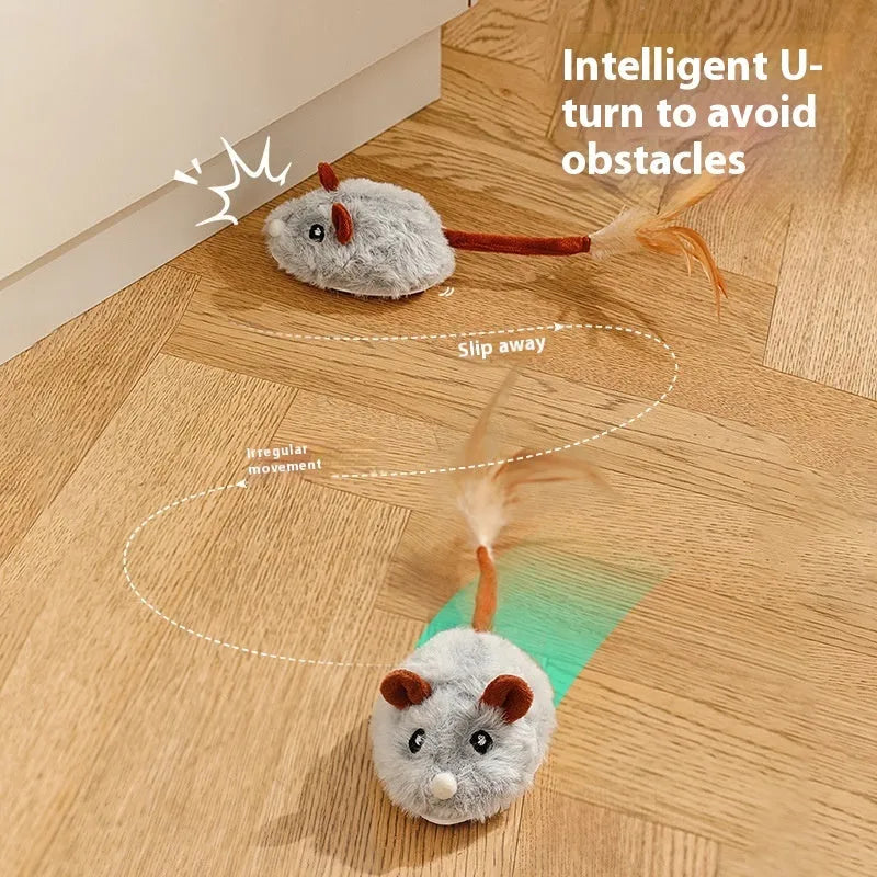 Electric cat toy with moving plush mouse on adjustable pole in pink, dark grey, or purple colours