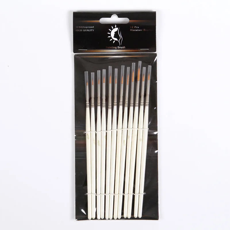 Set of twelve pearl white fluorescent marker pens with nylon wool brush tips and solid wood holders for watercolour art.