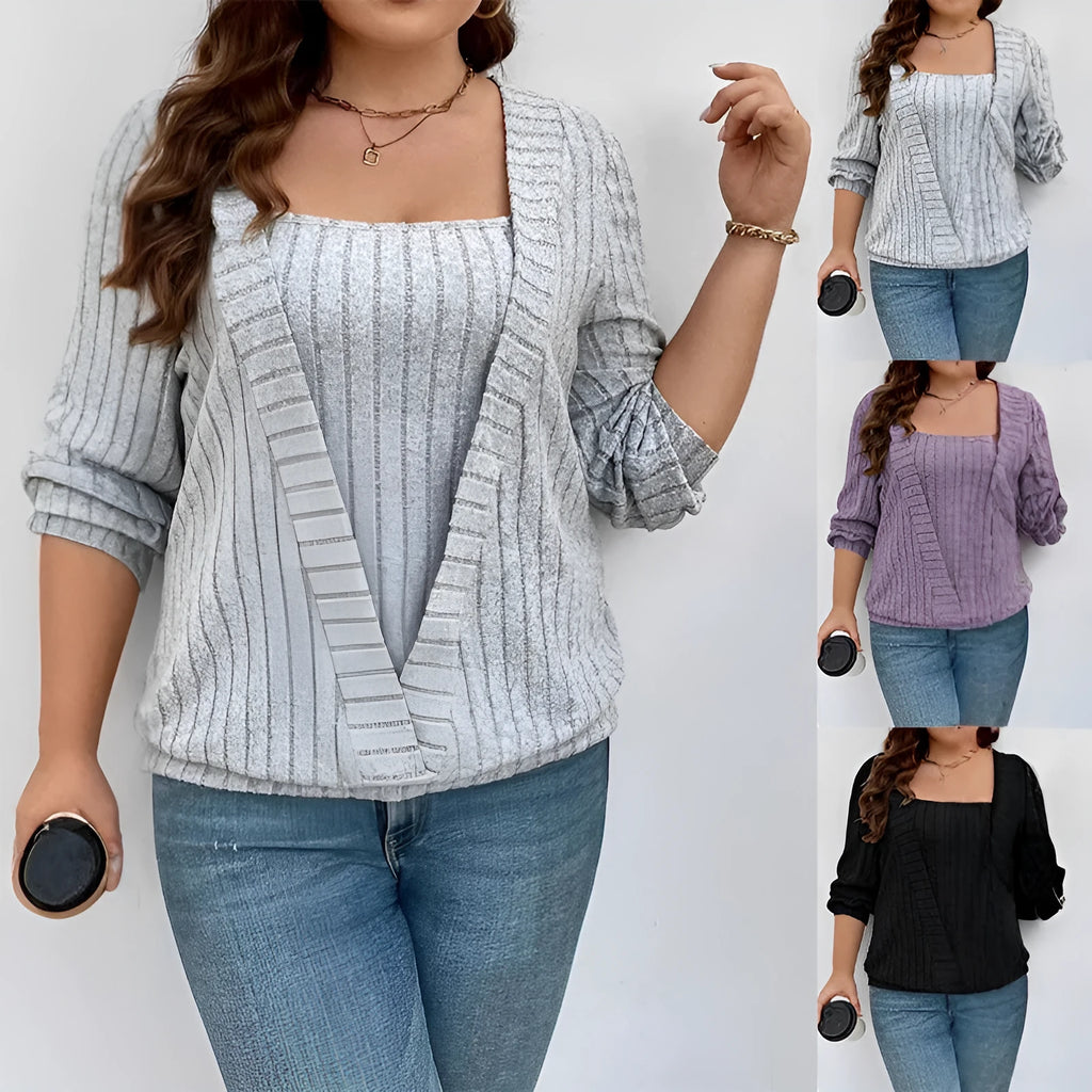 Women's solid colour rib fabric V-neck false two-piece suit with long sleeves in loose fit