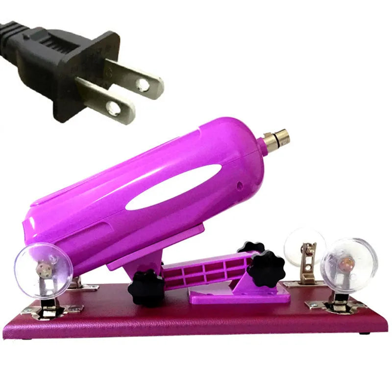 Purple automatic telescopic thrusting sex toy for women on a plain background.