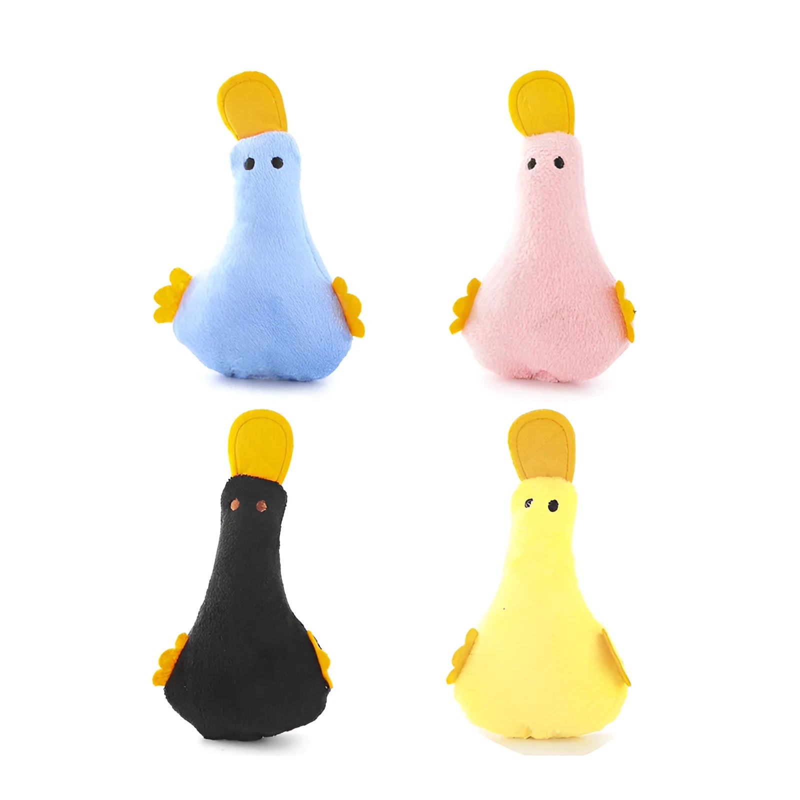 Duck plush pet toy with catnip filling in blue, pink, yellow, or black colour options