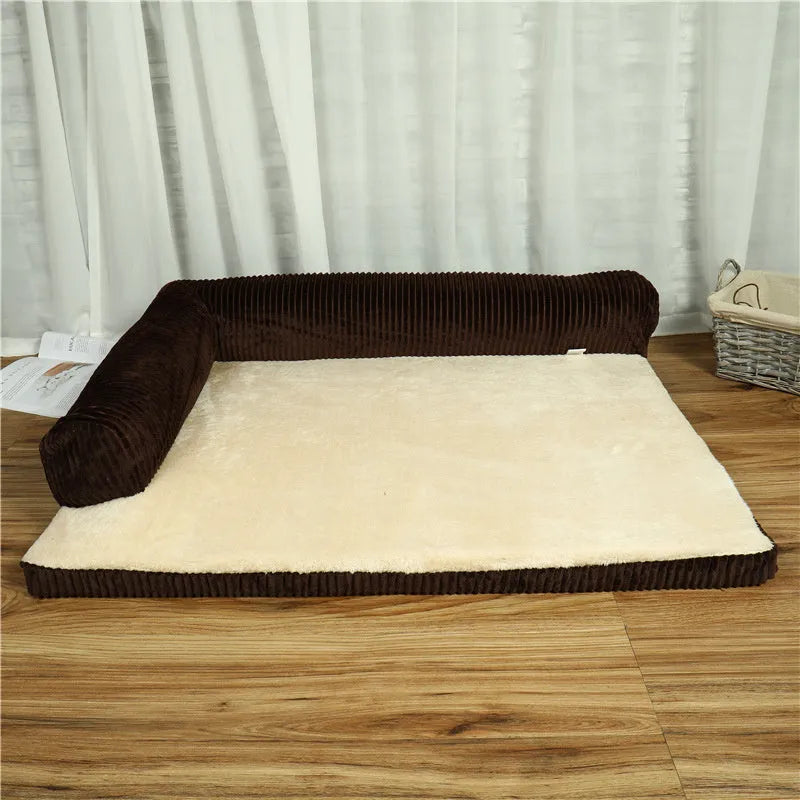 Corduroy dog bed sofa showing coffee colour option with non-slip base and four size variations
