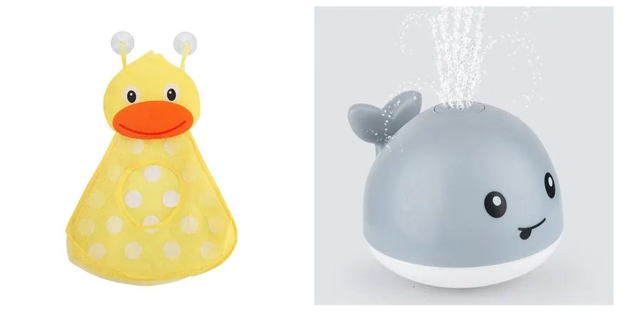 Whale-shaped baby bath toy with automatic water spray and colourful lights floating in water.