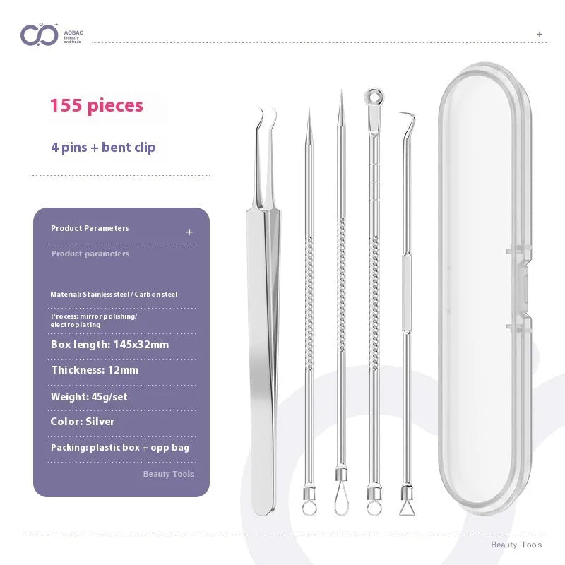 Four metal acne needles with ultra fine pointed tips for blackhead removal and skincare treatment