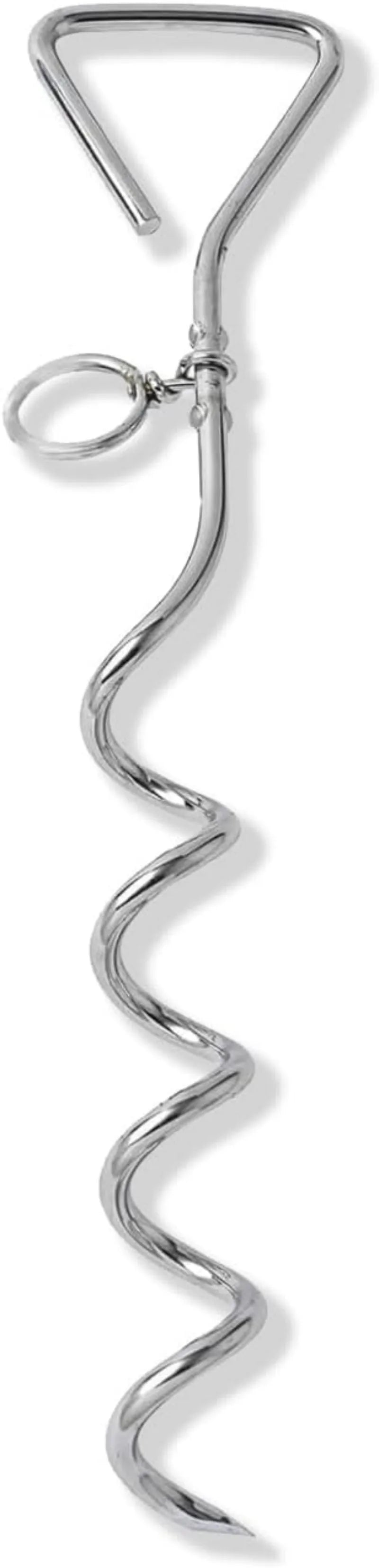 Silver spiral dog tie out stake for ground anchoring in outdoor sandy soil conditions
