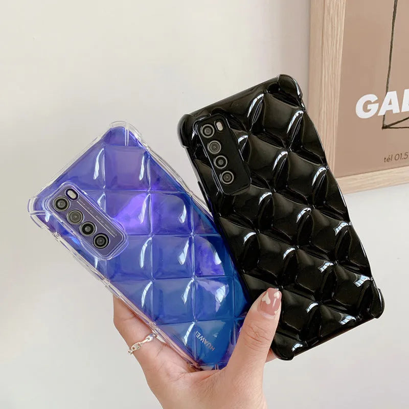 Huawei silicone phone case with diamond cell pattern in black, green, pink, or white colours