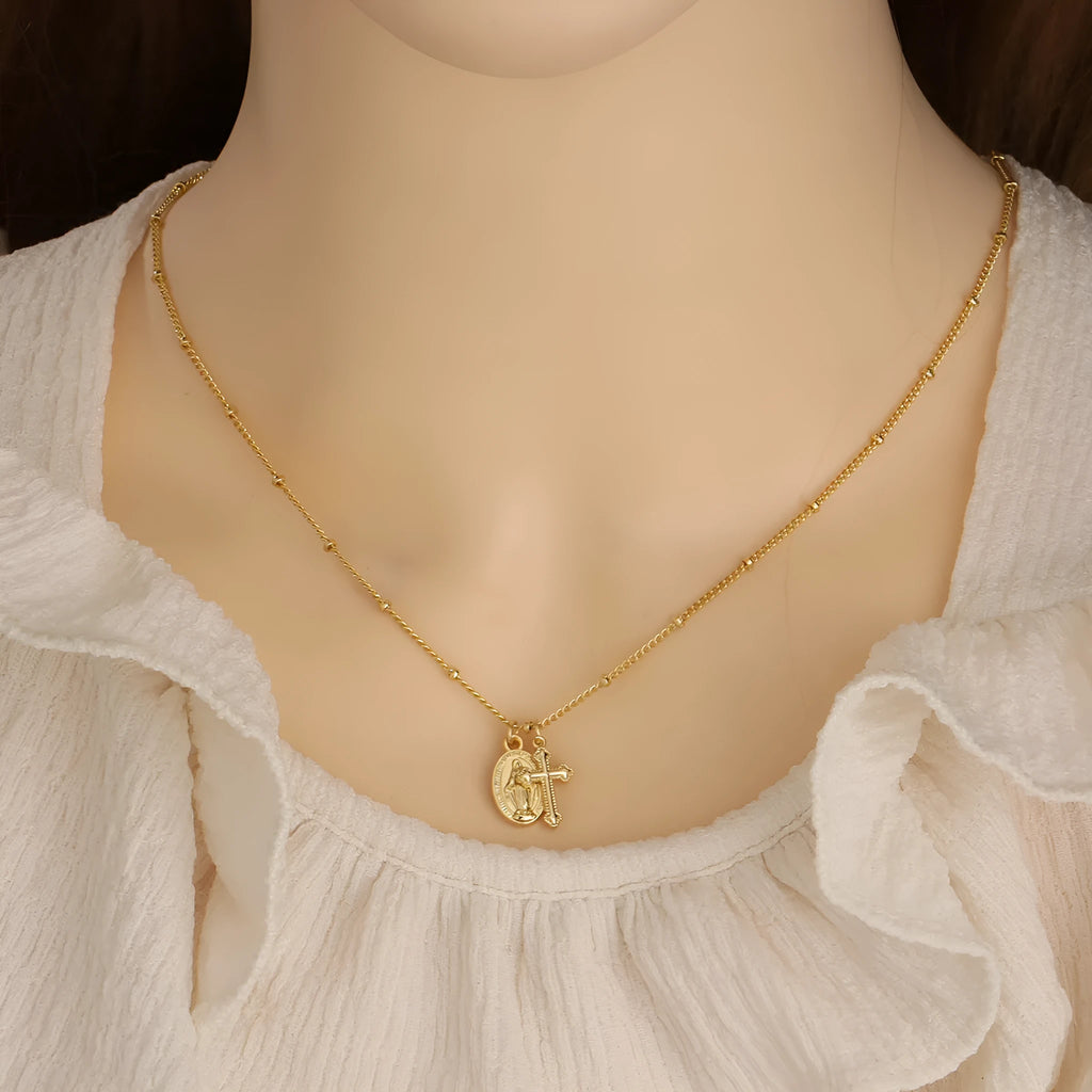 Geometric cross Virgin Mary necklace in 18K gold colour for women