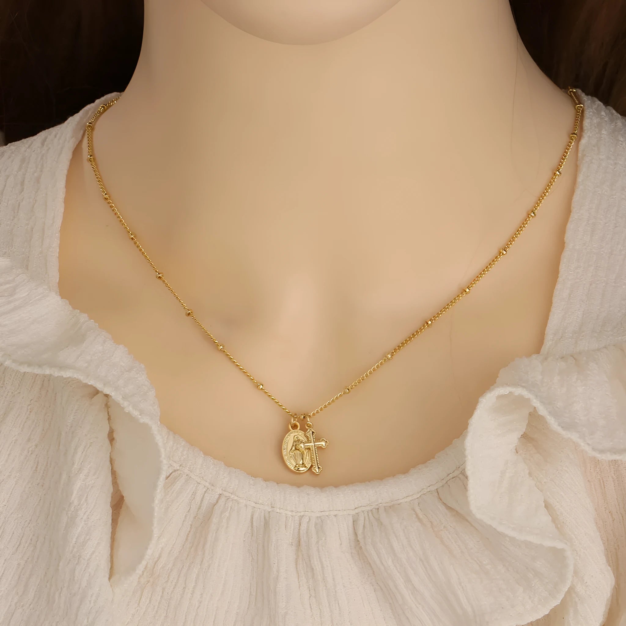Geometric cross Virgin Mary necklace in 18K gold colour for women