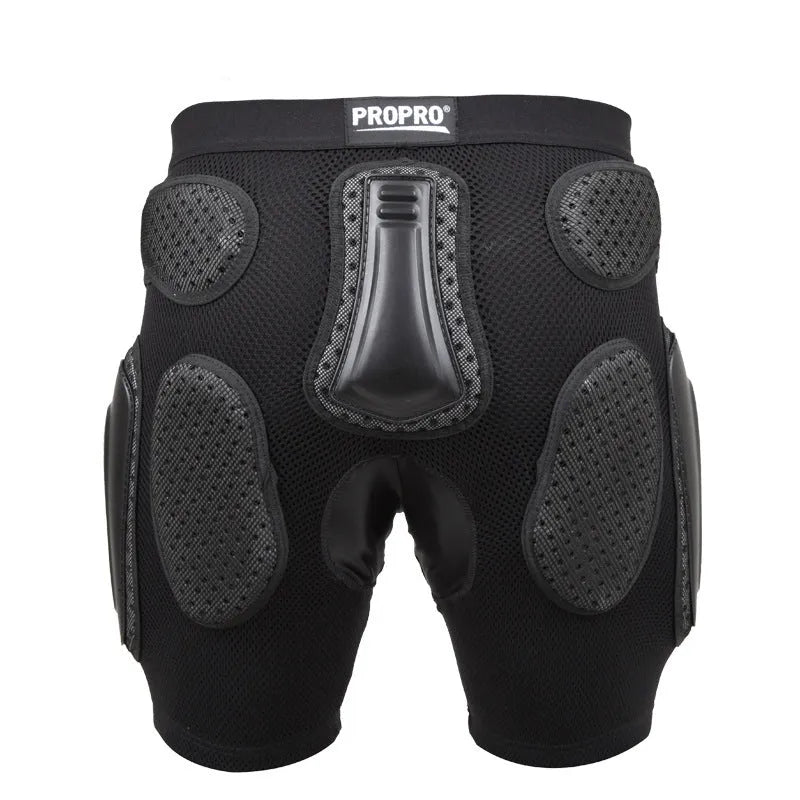 Black cycling hip pad protective pants shown in available sizes S, M, L, and XL