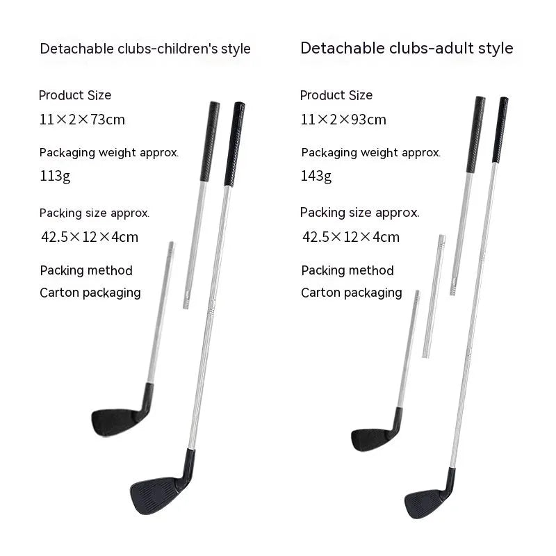 Metal golf club set showing adult and children's sizes for outdoor sports