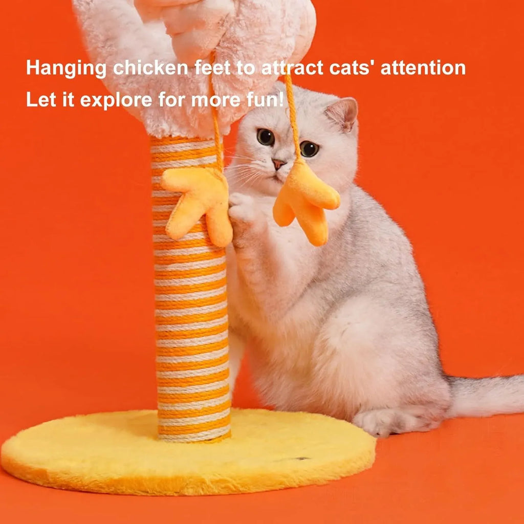 Yellow sisal rope cat scratching post with spring ball and chicken strip design