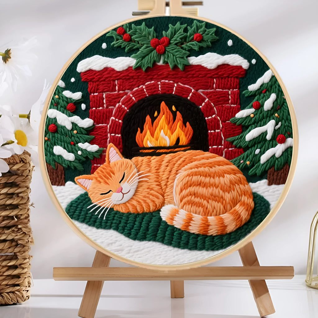 Cat embroidery DIY material package with autumn fruit designs on cotton linen fabric and 20cm bamboo frame