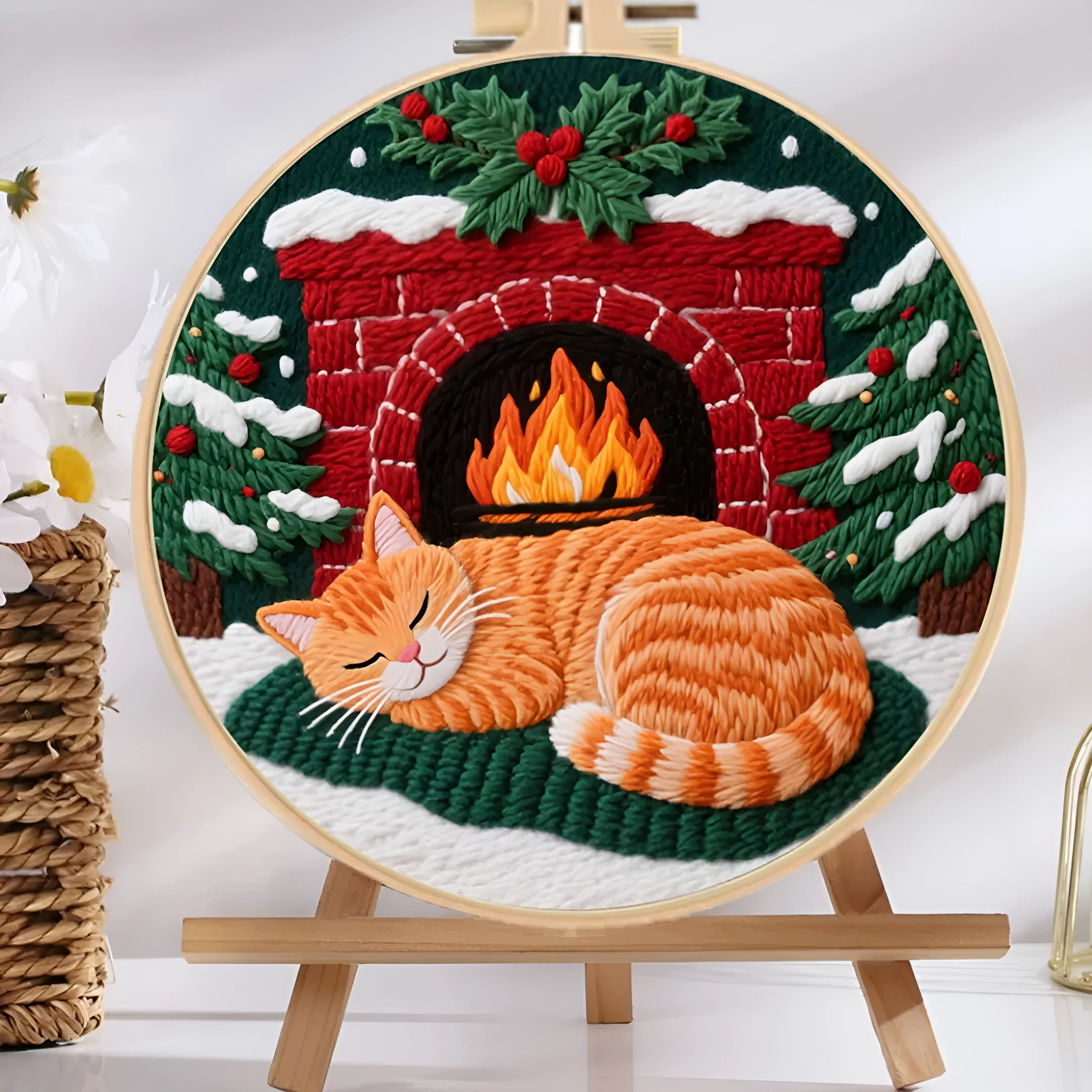 Cat embroidery DIY material package with autumn fruit designs on cotton linen fabric and 20cm bamboo frame