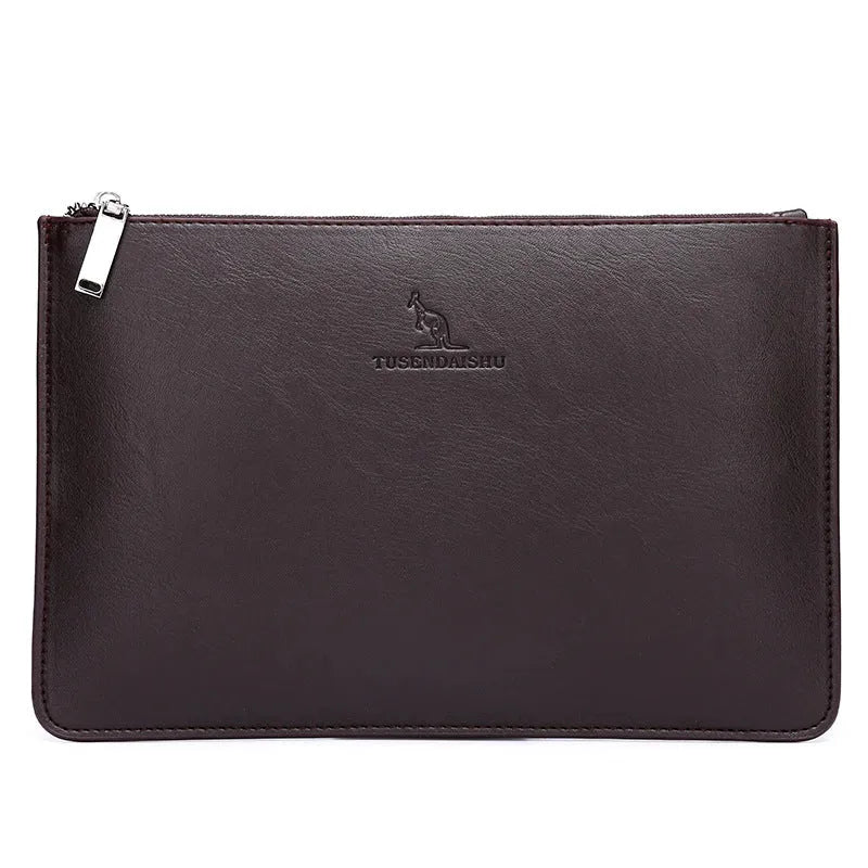 Men's black checkered PU leather business clutch wallet showing card slots and zipper pocket