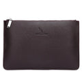 Men's black checkered PU leather business clutch wallet showing card slots and zipper pocket