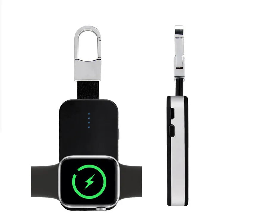 Black Apple Watch portable wireless power bank on a keyring showing compact size