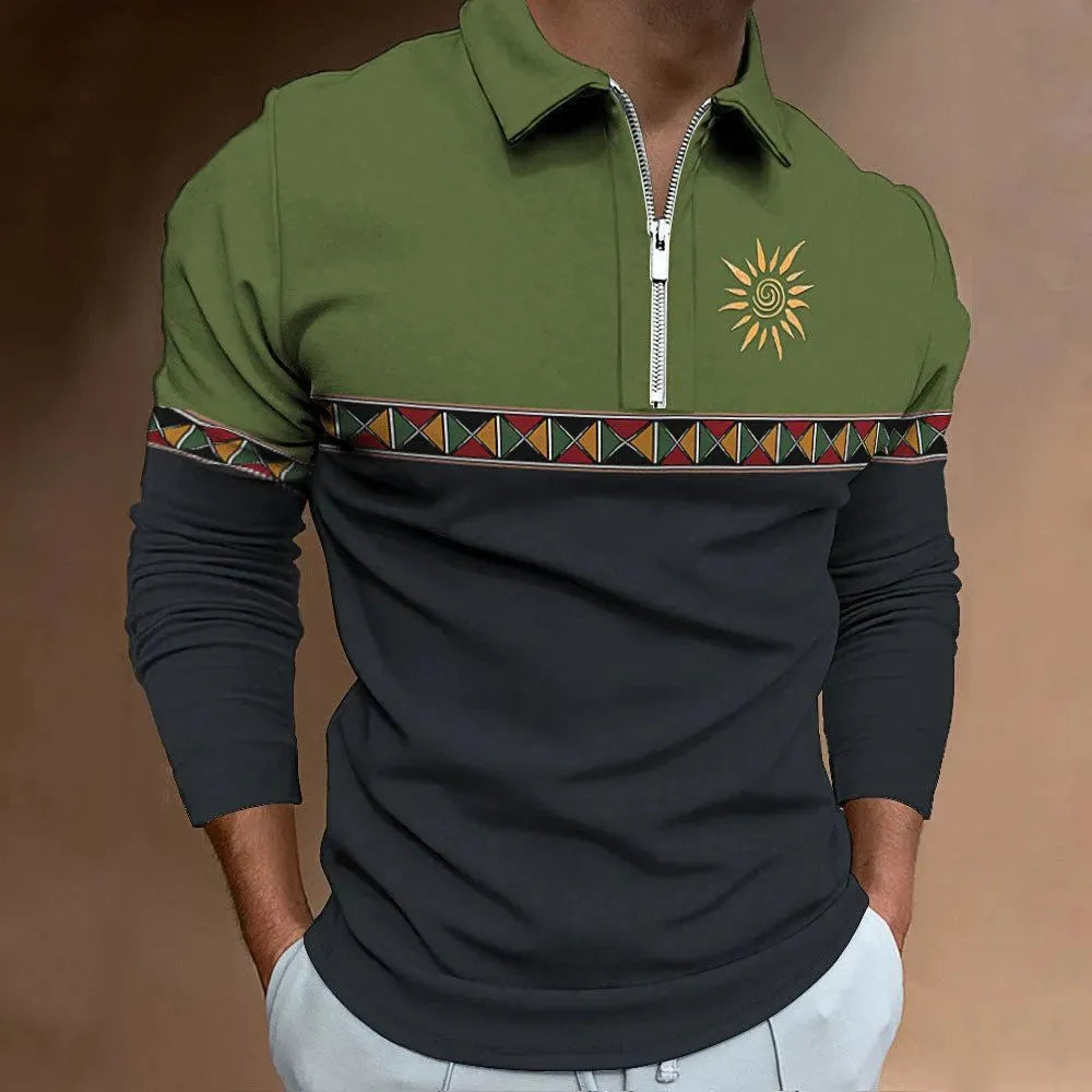 Men's loose fit long sleeve t-shirt with retro colour printing and zipper decorations on textured fabric.