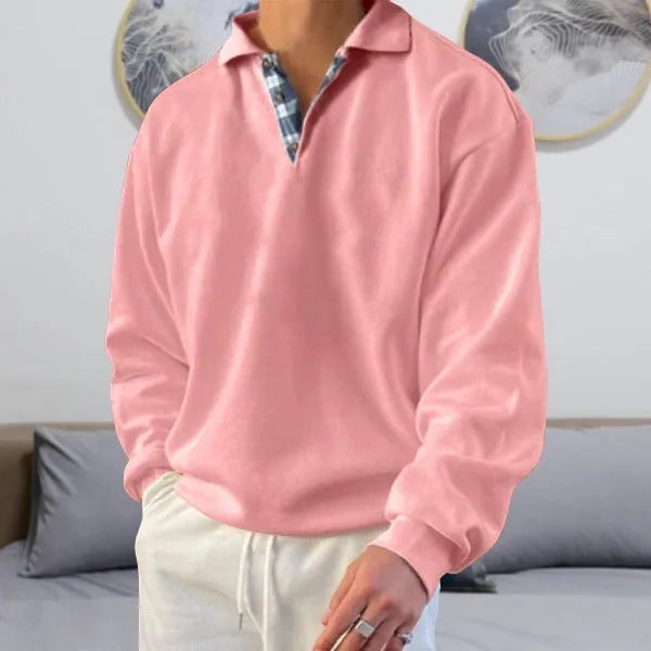 Men's long sleeve V-neck lapel hoodie in loose fit, ten colour options, polyester