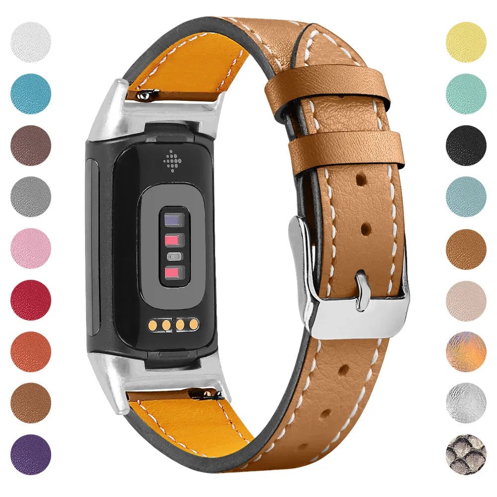 Genuine cowhide leather replacement strap for Fitbit Charge 5 and Charge 6 smartwatch in multiple colours.