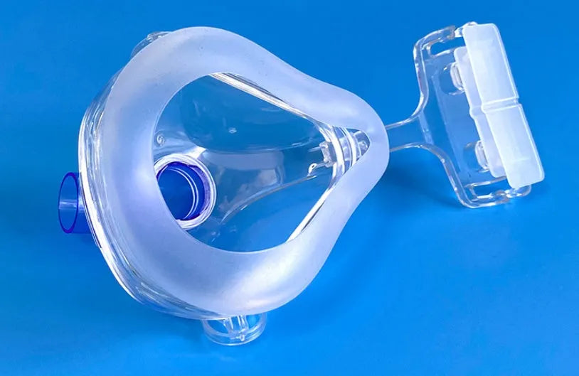 Transparent silicone CPAP breathing mask with headgear and elbow connectors