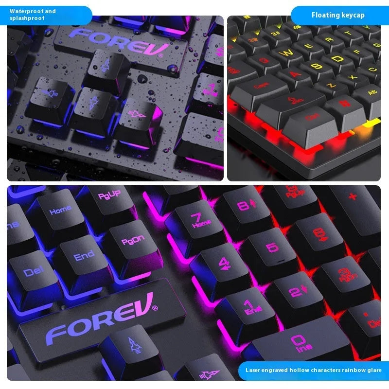Black portable gaming keyboard with 104 keys and backlight alongside matching mouse