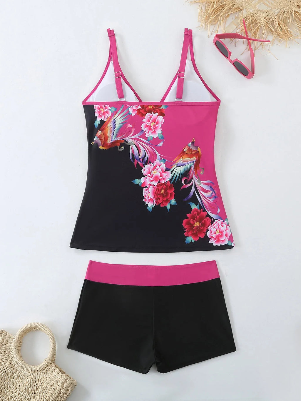 Women's plus size printed swimsuit suit in black or rose red with briefs-style design