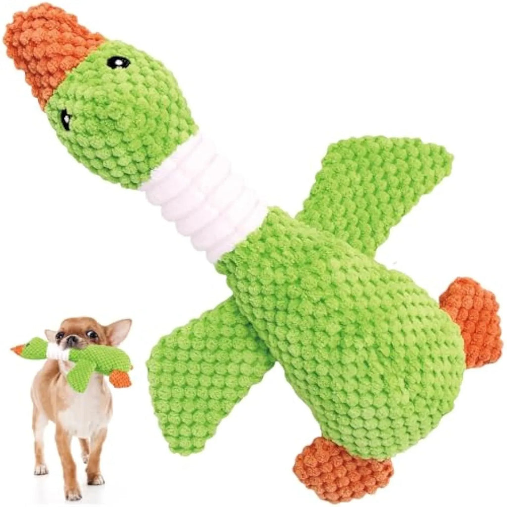 Blue plush duck dog chew toy with two squeakers measuring 33cm by 10cm