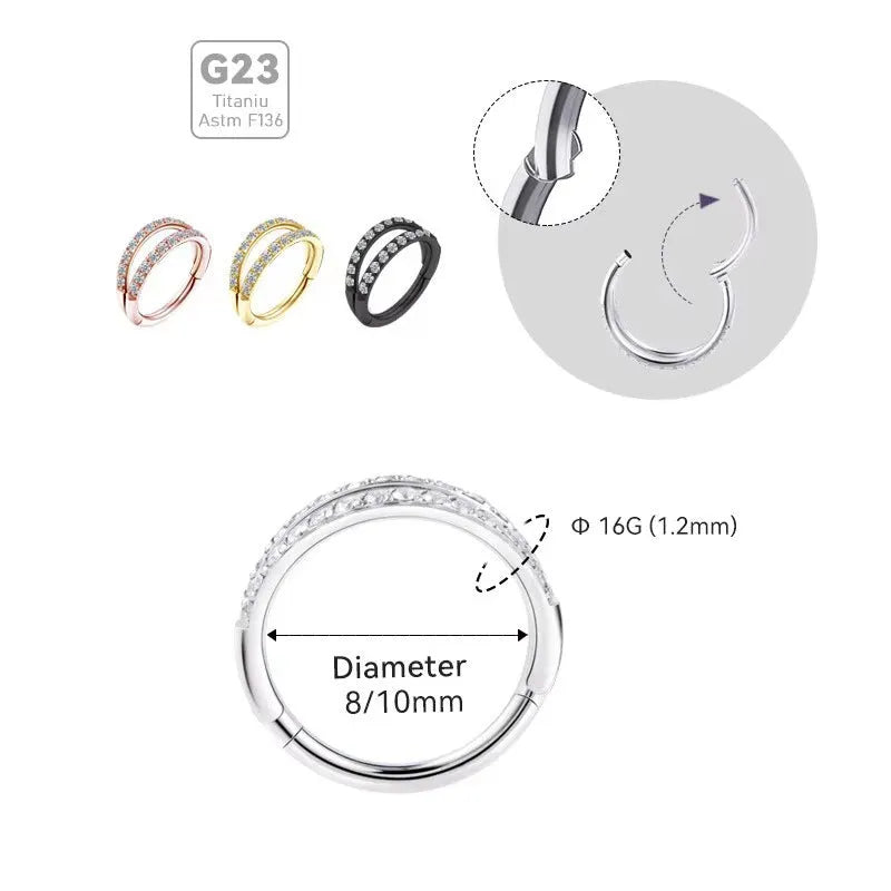 G23 titanium alloy nose ring earring with zircon detail in steel or gold colour, showing gauge and length options.