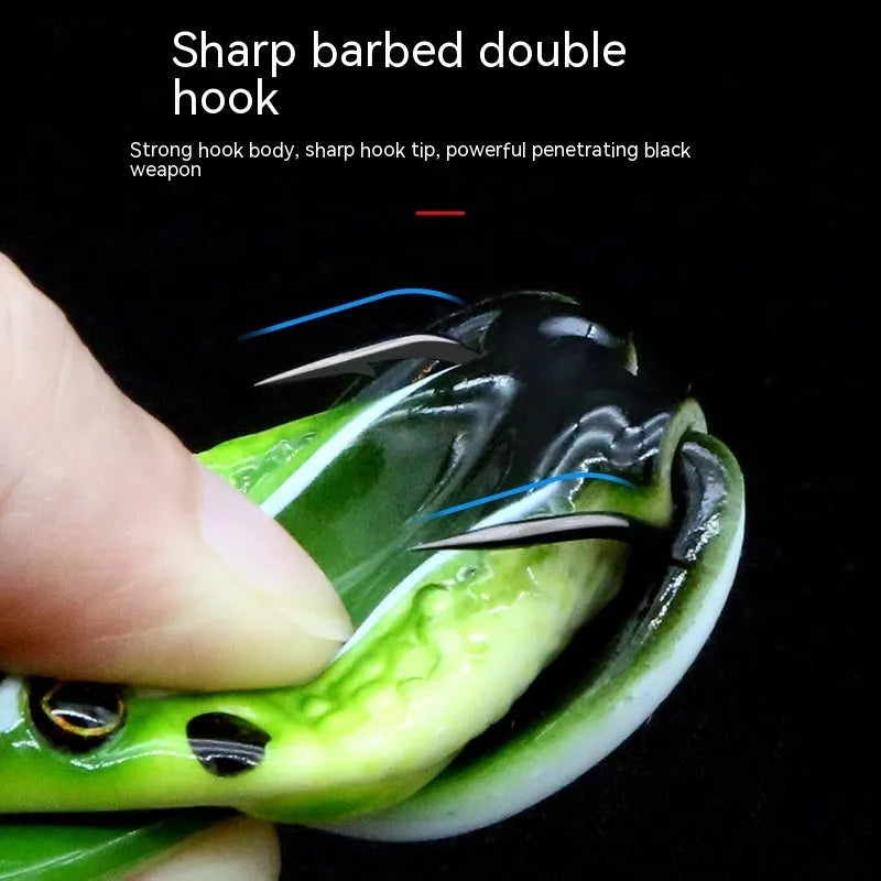 Bionic frog fishing lure with snake head pattern and double hooks in grass green colour