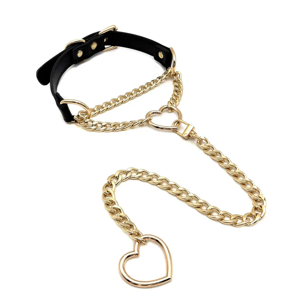 European American personalized love neckband in leather for men and women couple choker black gold