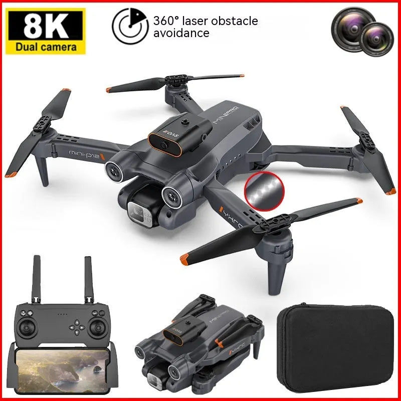 Black and orange remote control quadcopter drone with four rotors, shown folded and unfolded.