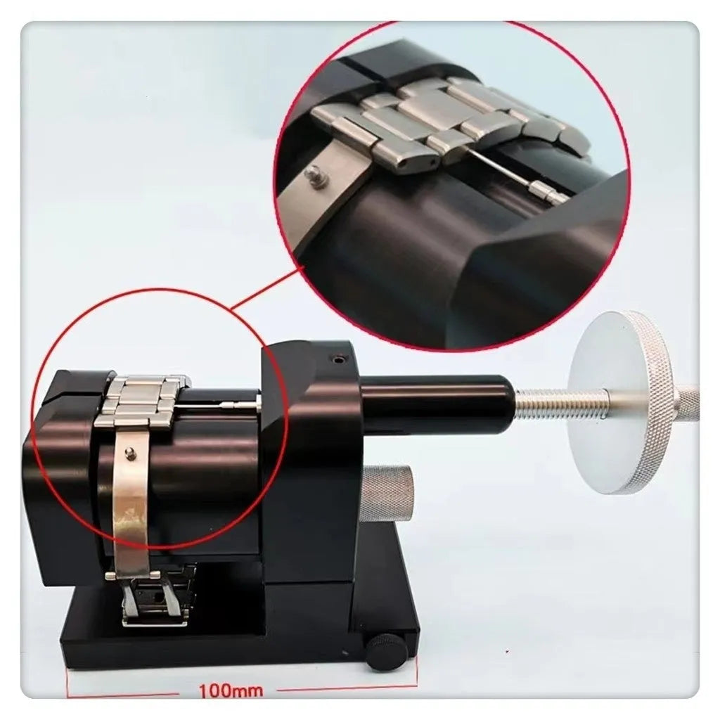 Alloy steel watch strap stripping machine tool on a workbench for watch repair.
