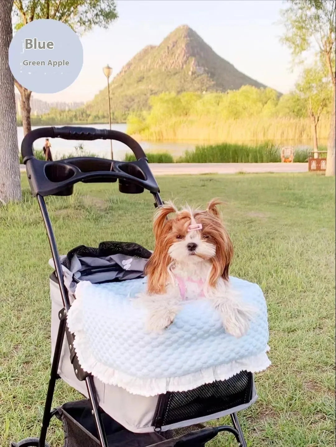 Pet stroller three-piece accessory set showing anti-dirty towel, cushion, and pillow in cotton cloth with floral pattern