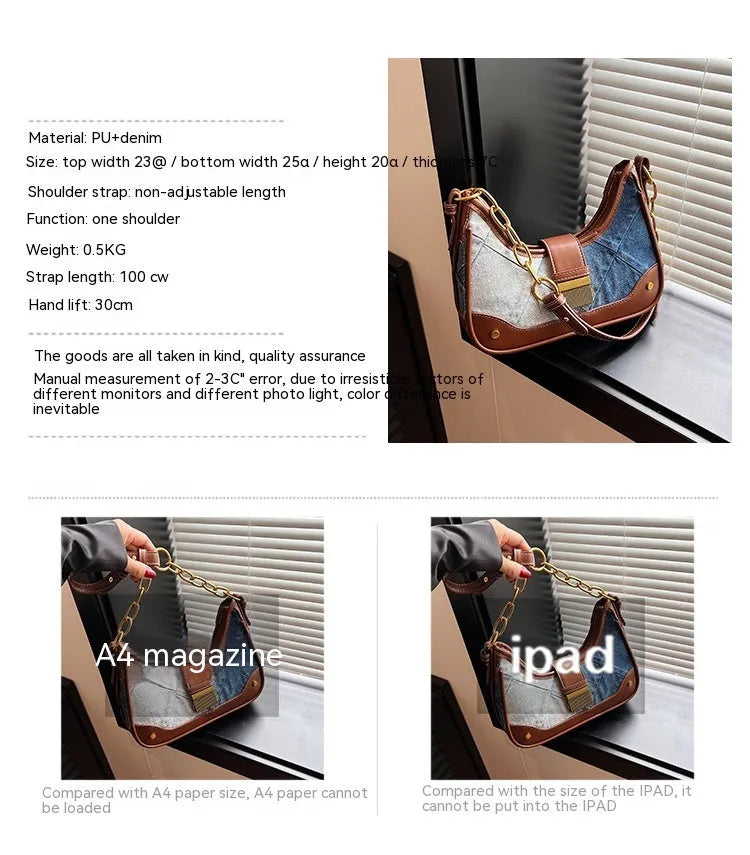 Brown denim women's shoulder bag with chain straps and bucket design showing phone compartment