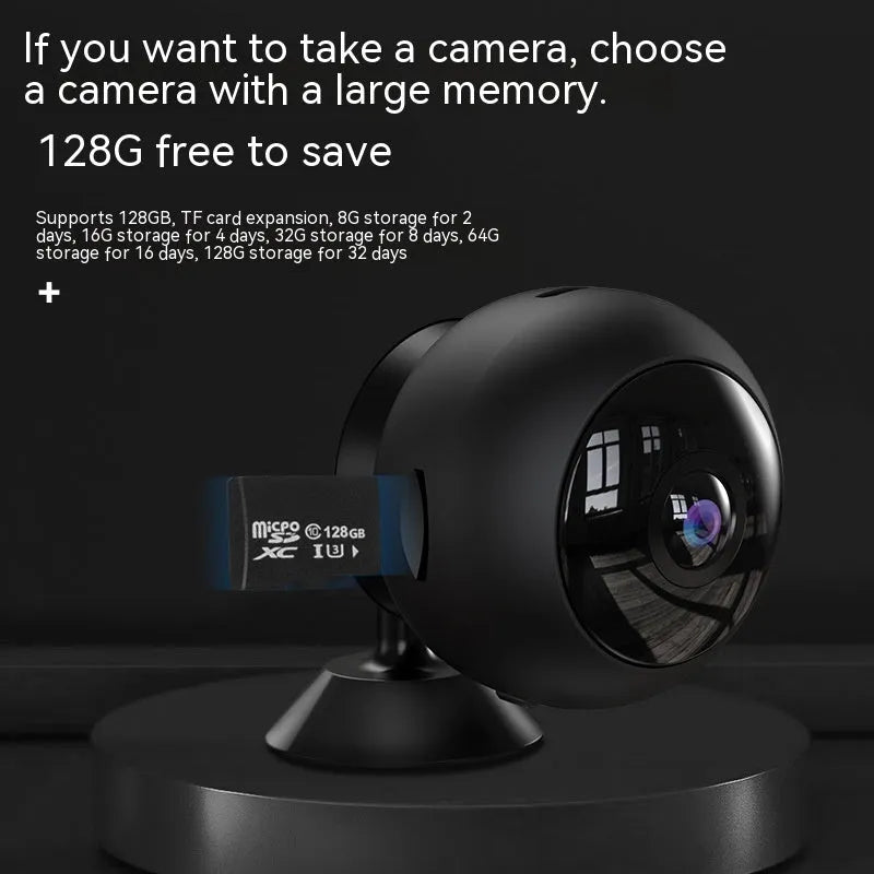 1080p wireless WiFi surveillance camera with ABS housing and USB cable on a white background.