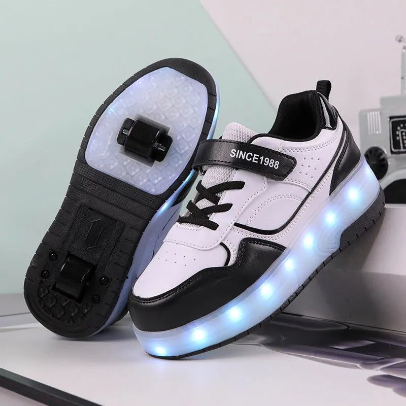 Children's charging flash rollerskates with LED lights in pink colour