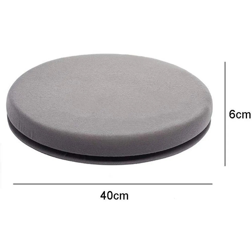 Circular grey car seat cushion showing 360-degree rotation on a car seat