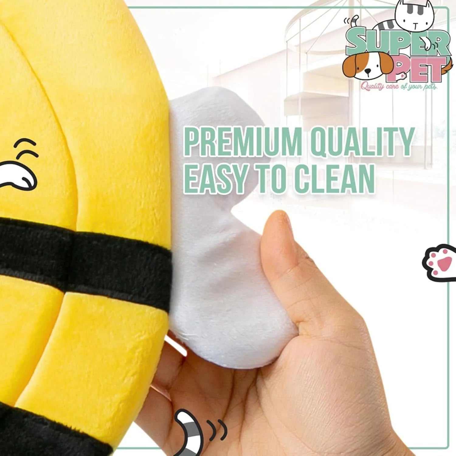 Soft cat cone collar with black and yellow bee design and Velcro strap