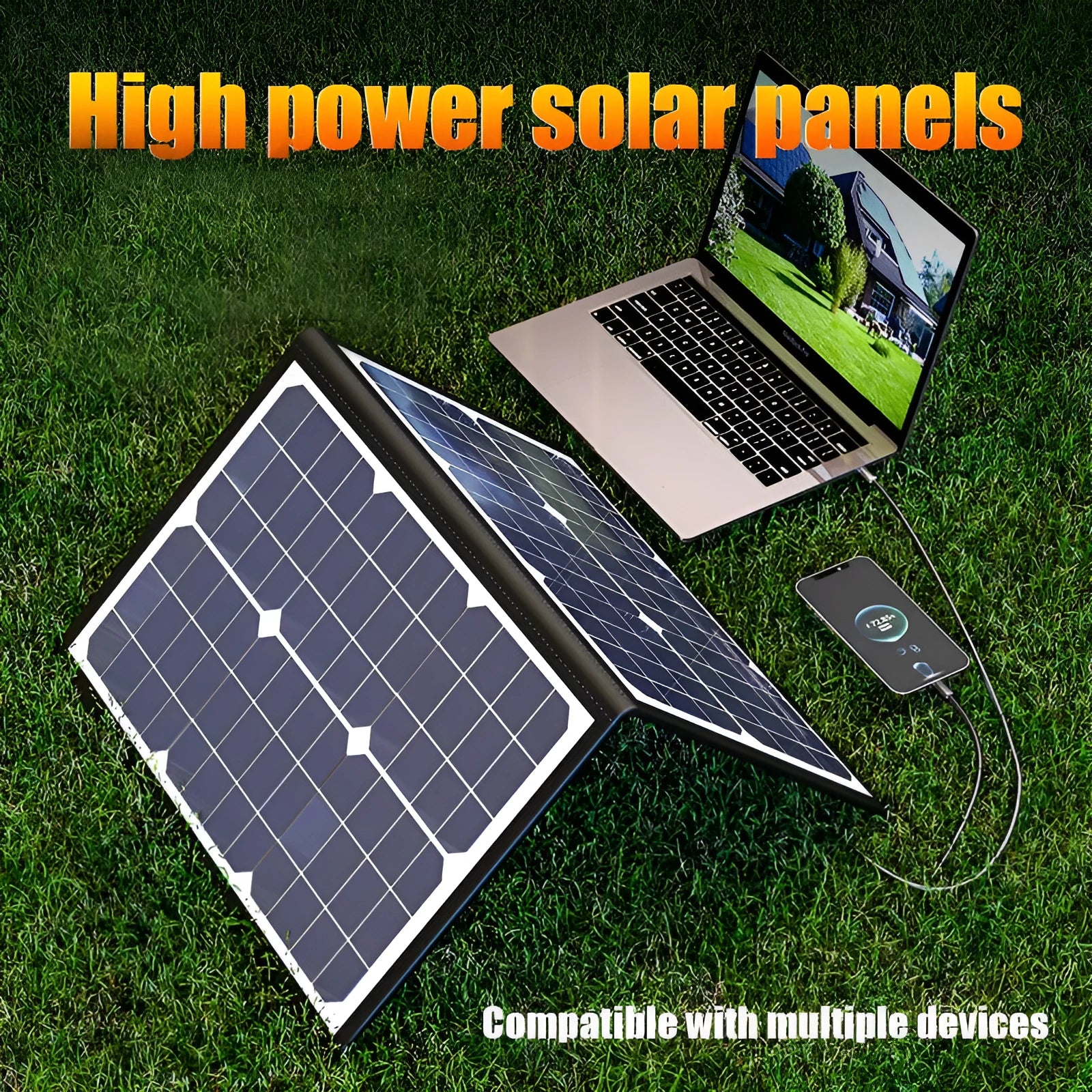Black 40W portable solar folding panel showing compact folded dimensions for outdoor charging
