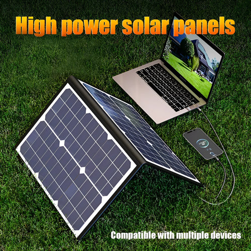 Black 40W portable solar folding panel showing compact folded dimensions for outdoor charging