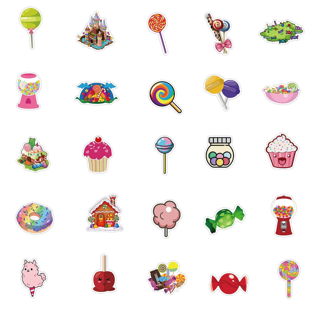 Colourful candy graffiti stickers pack showing 50 cartoon adhesive designs measuring 4-6 cm