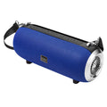 F666 square portable Bluetooth speaker with shoulder strap, showing retractable FM antenna and control buttons.