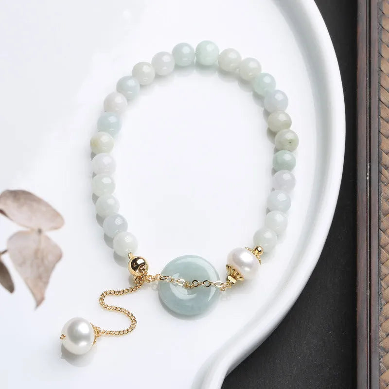 Women's jade pearl bracelet with natural emerald peace buckle charm in geometric national style