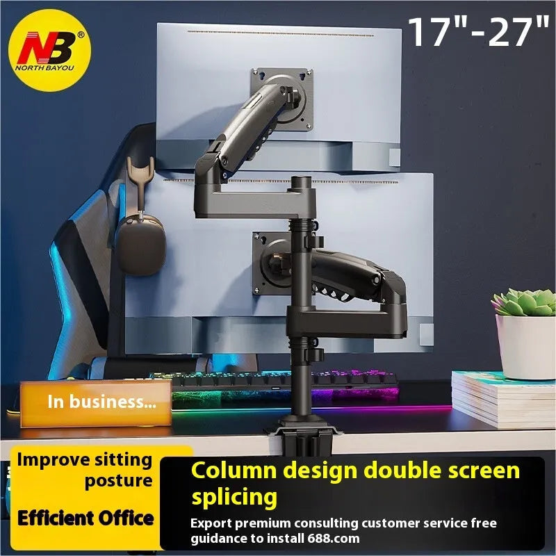 Gun black aluminium alloy dual monitor arm holding two screens on a desktop